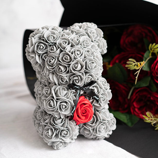 Rose Bear with Red Flower Grey (25cmH)