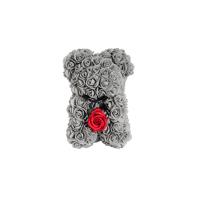 Rose Bear with Red Flower Grey (25cmH)