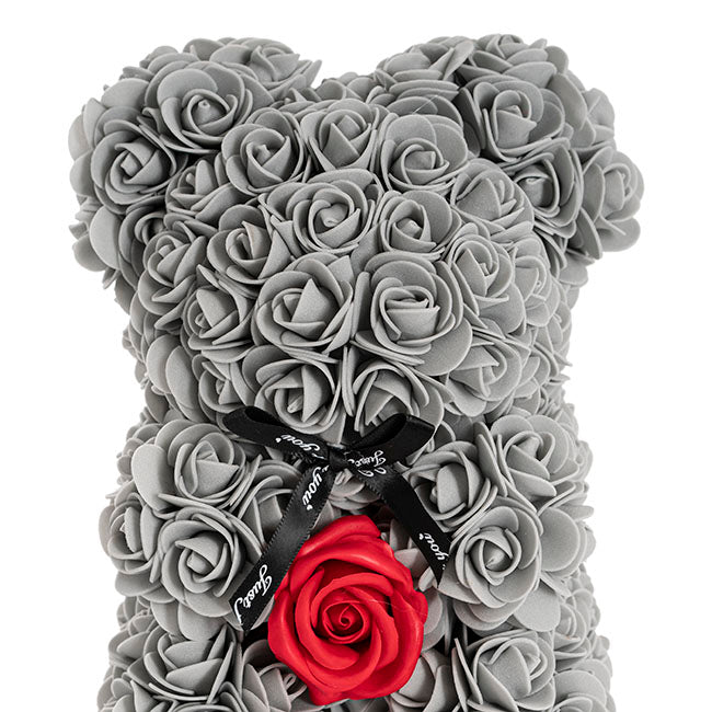 Rose Bear with Red Flower Grey (25cmH)