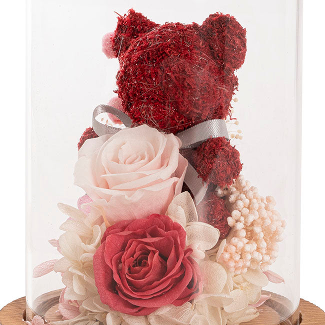 Preserved Rose Bear Hydrangea LED Cloche Red (12Wx20cmH)