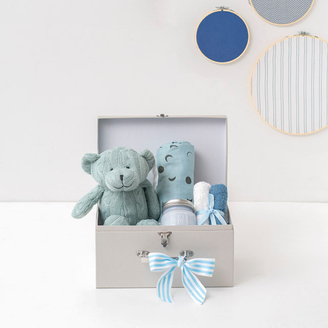 Zac Cable Knit Teddy Luxe Suitcase Hamper Baby Blue